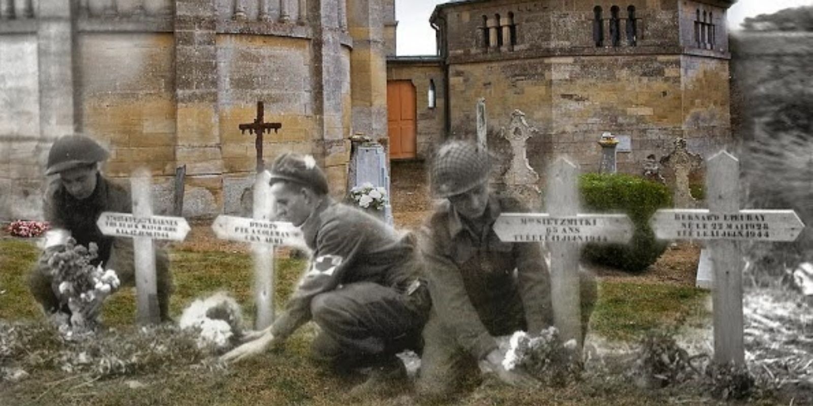 Em Basly, 27 de junho de 1944, membros da 23ª Ambulância de Campo colocam flores em túmulos recém-cavados no cemitério da igreja de Saint Georges.