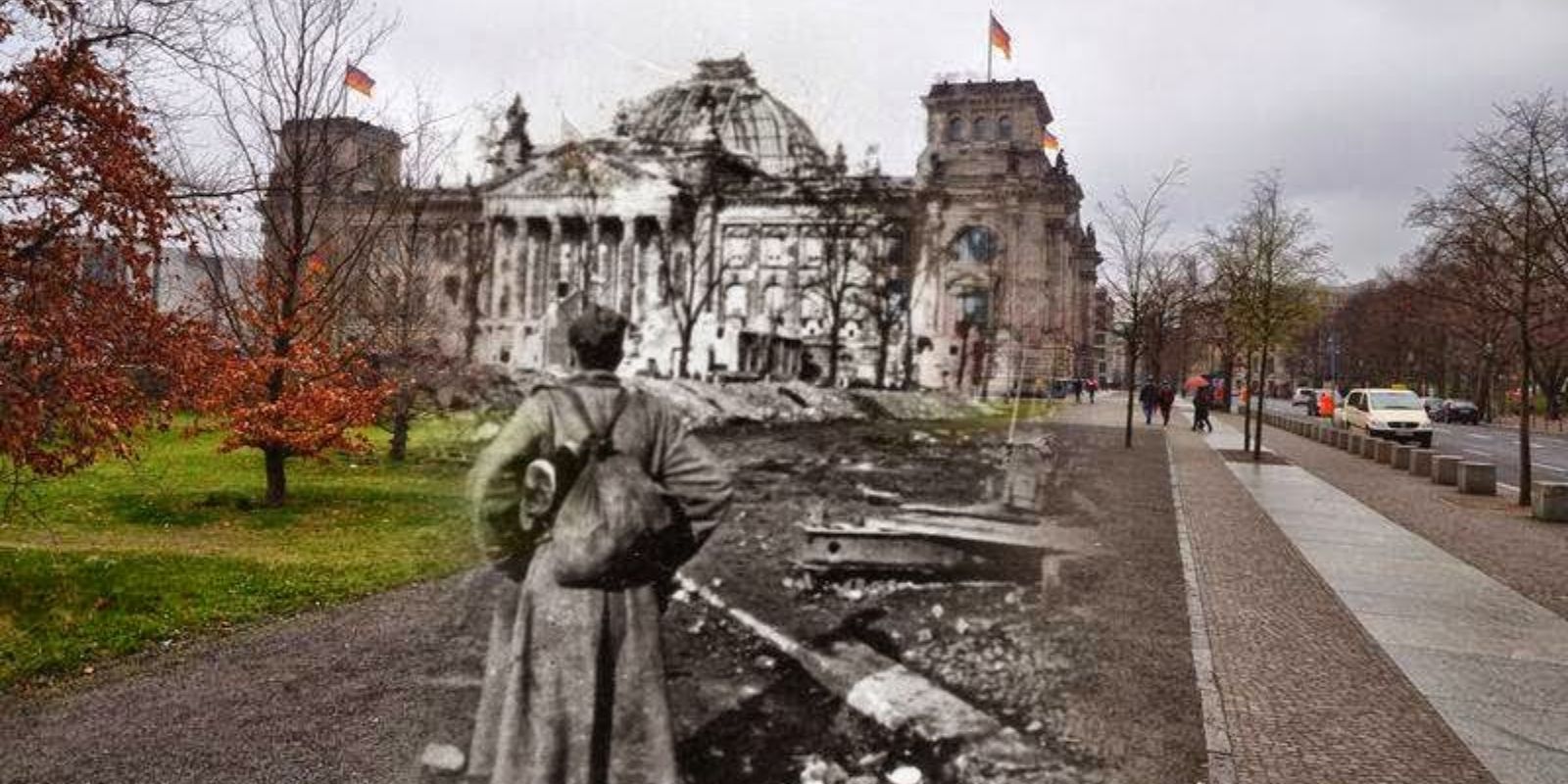 Soldado soviético na parte frontal Reichstag durante a Batalha de Berlim em maio de 1945, sobrepostos a uma imagem atual do edifício restaurado. O Reichstag foi o alvo final da Batalha de Berlim, um símbolo da derrota total do regime nazista.