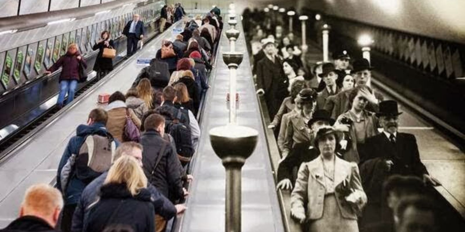 Civis londrinos correm para a segurança de uma estação de metrô durante um ataque aéreo da Blitz, sobrepostos a uma imagem contemporânea.
