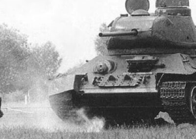 Cão anti-tanque soviético equipado com explosivos durante treinamento. A alavanca de madeira visível nas costas do animal detonava a carga ao tocar o chassi do tanque. Milhares de cães foram treinados para esta missão suicida entre 1941 e 1942.