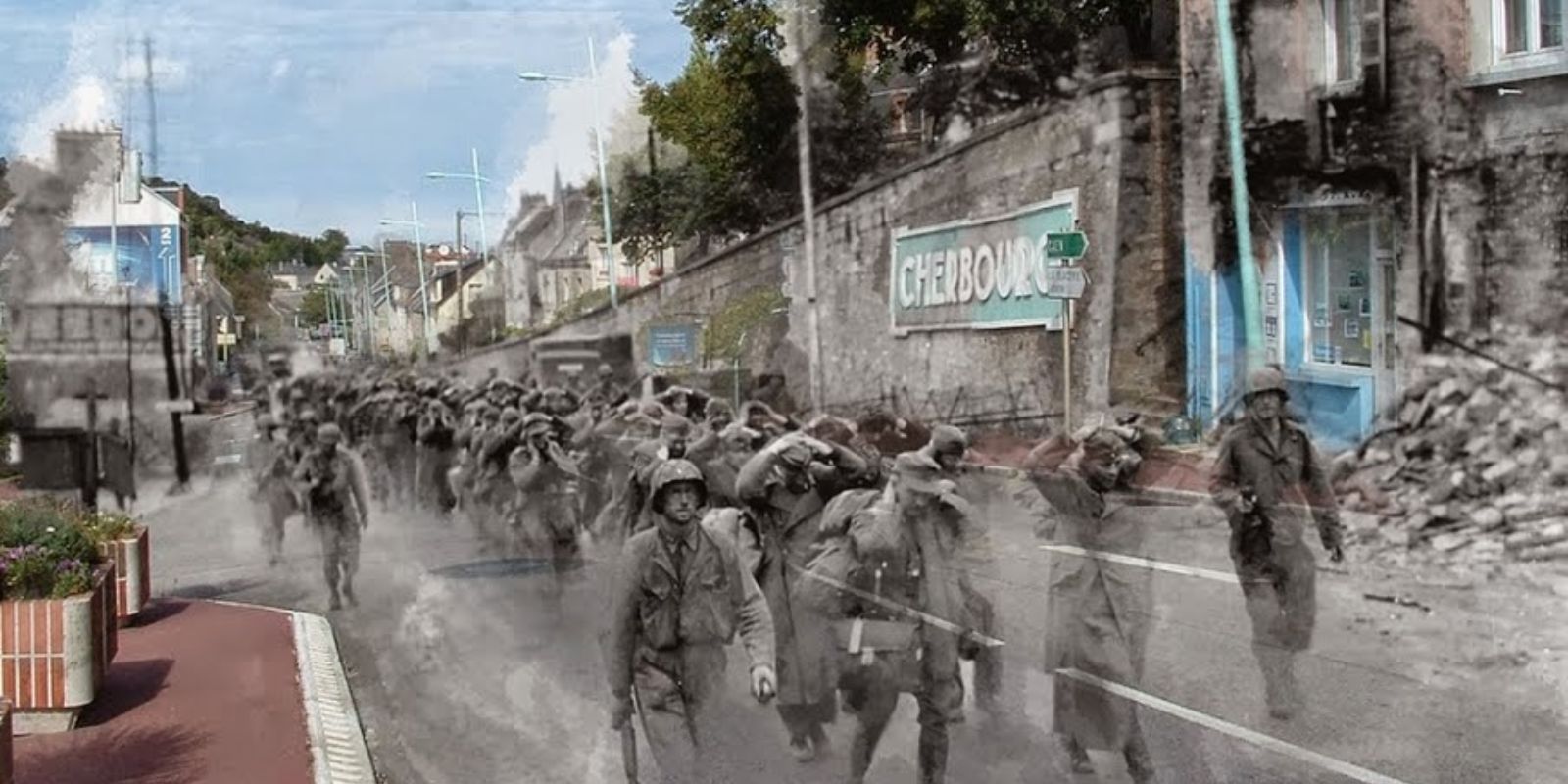 O Capitão americano W.H. Hooper e seus homens marcham ao redor de um grupo de prisioneiros alemães recém-capturados em uma rua de Cherbourg, em 1944.
