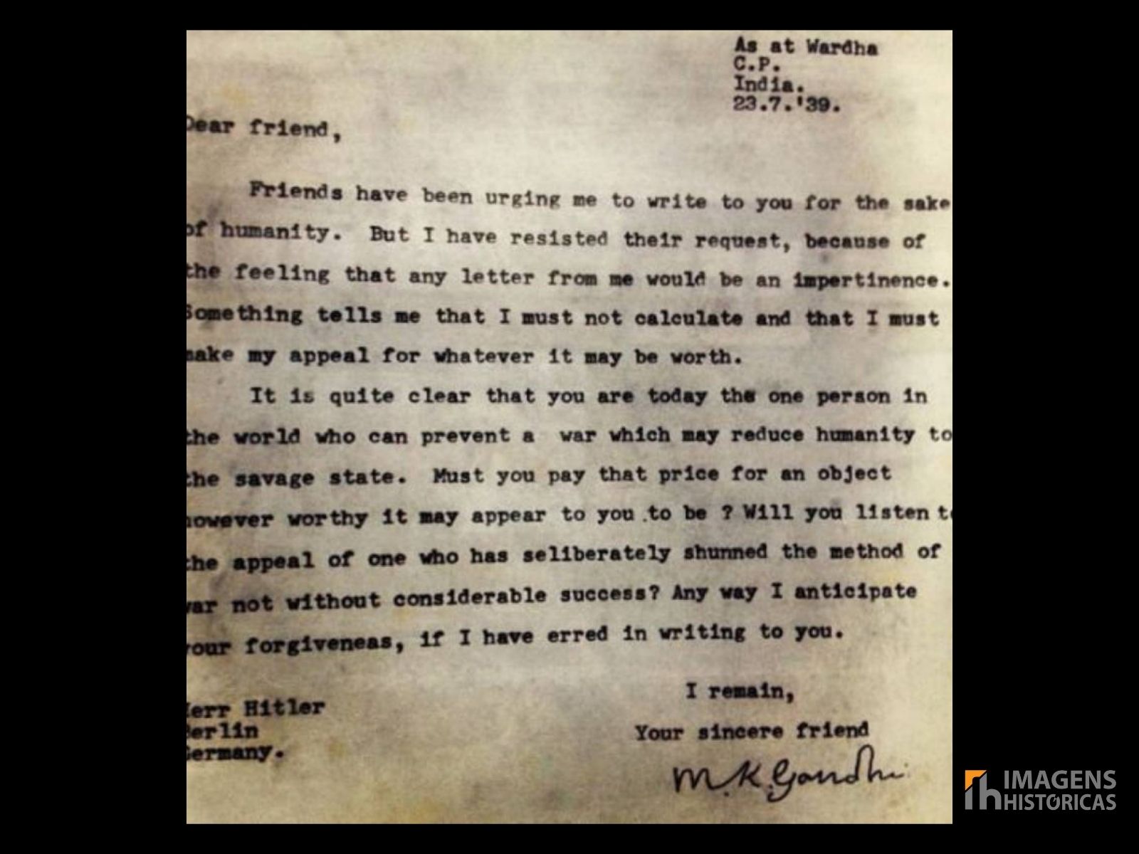 Carta Enviada por Ghandi à Adolf Hitler