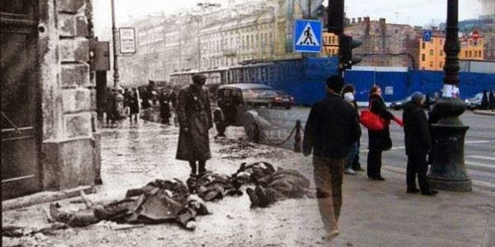 Uma cena do cerco de 900 dias de Leningrado (1941-1944) é sobreposta a uma imagem moderna de São Petersburgo, mostrando civis e a devastação da guerra em contraste com a vida atual.