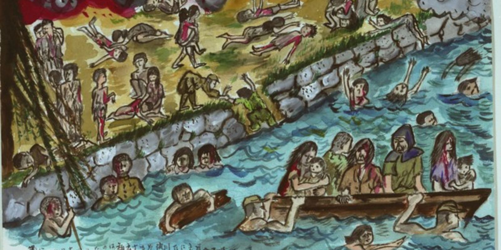 Outro desenho de um hibakusha, mostrando sobreviventes buscando alívio no rio após a explosão. A arte foi uma ferramenta crucial para documentar as memórias e processar o trauma. Fonte: Mainichi Shimbun.