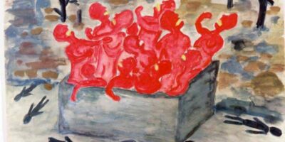 O impactante desenho de Ogawa Sagami, sobrevivente da bomba atômica de Hiroshima. A obra retrata corpos cozidos dentro de um tanque de água e outros carbonizados ao redor, um testemunho visual do horror a 260 metros do hipocentro. Fonte: Hiroshima Peace Memorial Museum.