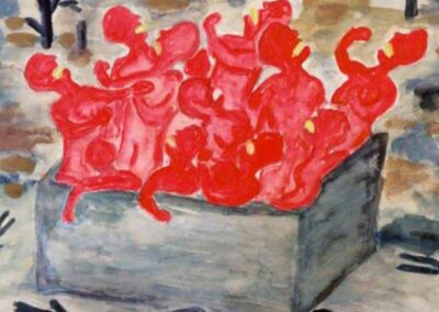 O impactante desenho de Ogawa Sagami, sobrevivente da bomba atômica de Hiroshima. A obra retrata corpos cozidos dentro de um tanque de água e outros carbonizados ao redor, um testemunho visual do horror a 260 metros do hipocentro. Fonte: Hiroshima Peace Memorial Museum.