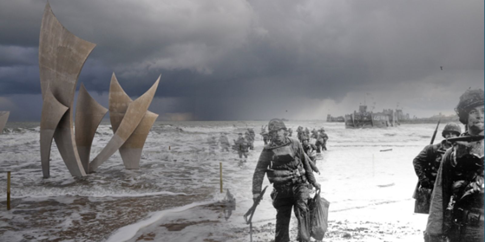 Tropas americanas desembarcam sob fogo inimigo na Praia de Omaha em 6 de junho de 1944, sobrepostas à imagem atual do Monumento "Les Braves" no mesmo local. Autor: Sergey Larenkov.