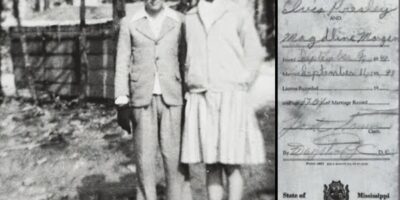 Elvis Presley com seu primeiro amor, Magdalene Morgan, quando ambos tinham 13 anos. Ao lado, suposta certidão de casamento feita por Elvis Presley.