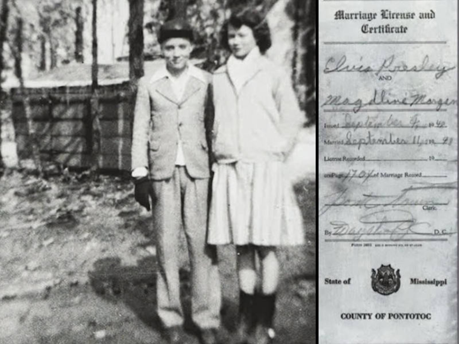 Elvis Presley com seu primeiro amor, Magdalene Morgan, quando ambos tinham 13 anos. Ao lado, suposta certidão de casamento feita por Elvis Presley.