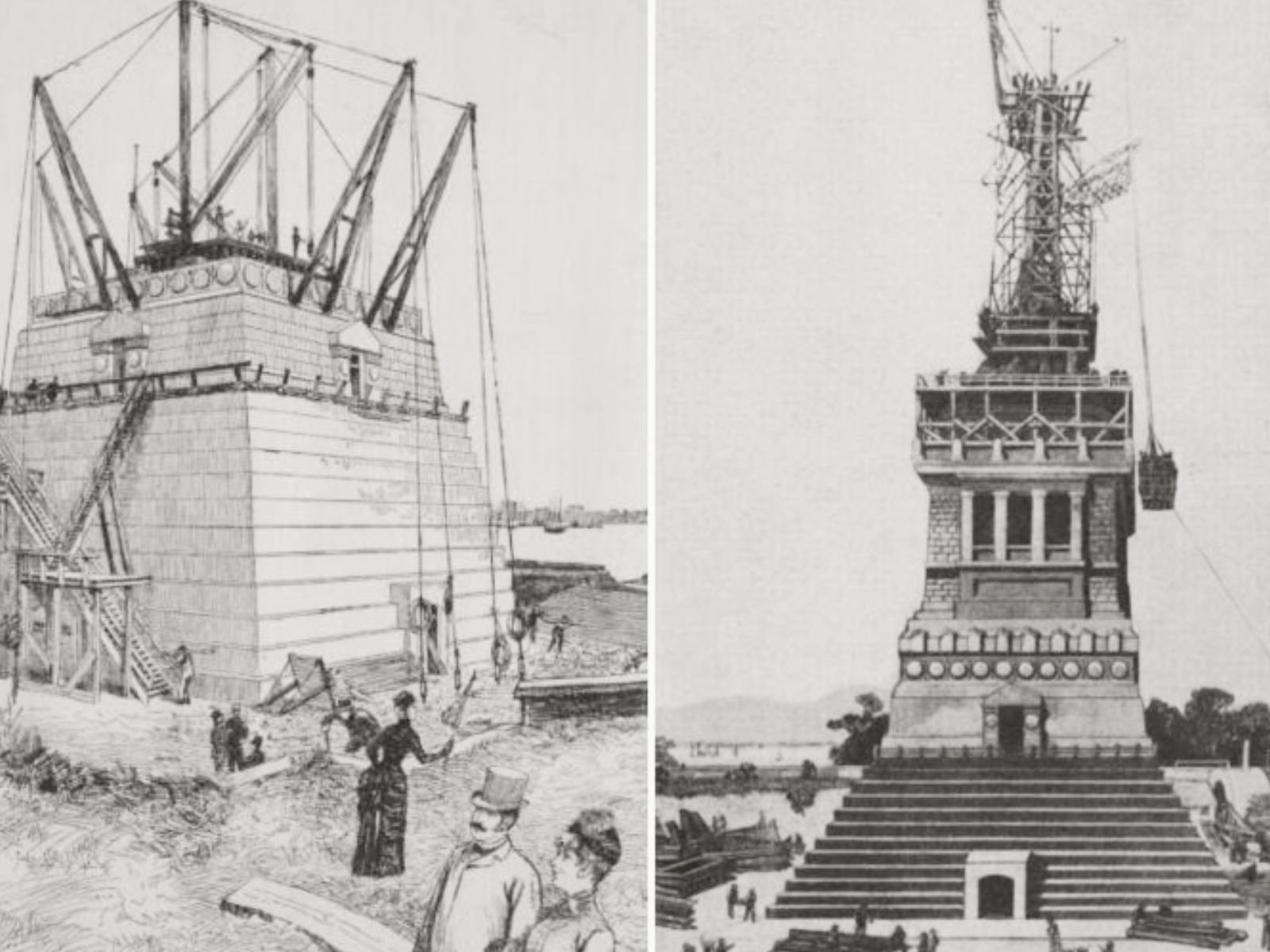 A montagem da Estátua da Liberdade começou em 1886 e levou cerca de quatro meses para ser concluída. As peças foram cuidadosamente reerguidas sobre o pedestal na Liberty Island