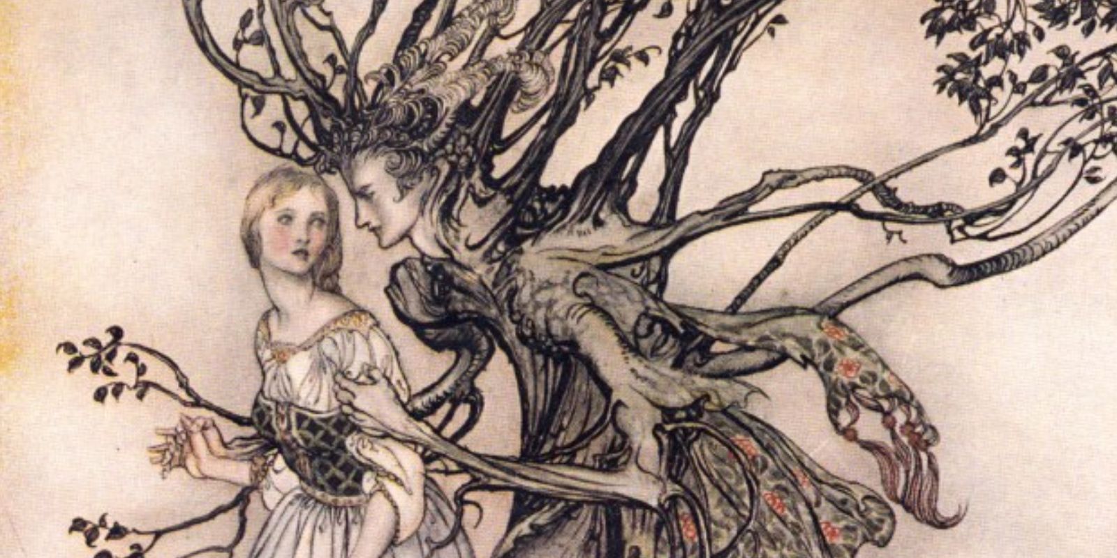 A floresta sempre foi um cenário central nos contos de fadas, representando tanto um lugar de magia e maravilha quanto de perigo e desconhecido. Esta ilustração vintage evoca a dualidade da floresta, um espaço onde heróis e heroínas são testados e onde o sobrenatural espreita em cada sombra. Fonte: The Marginalian.