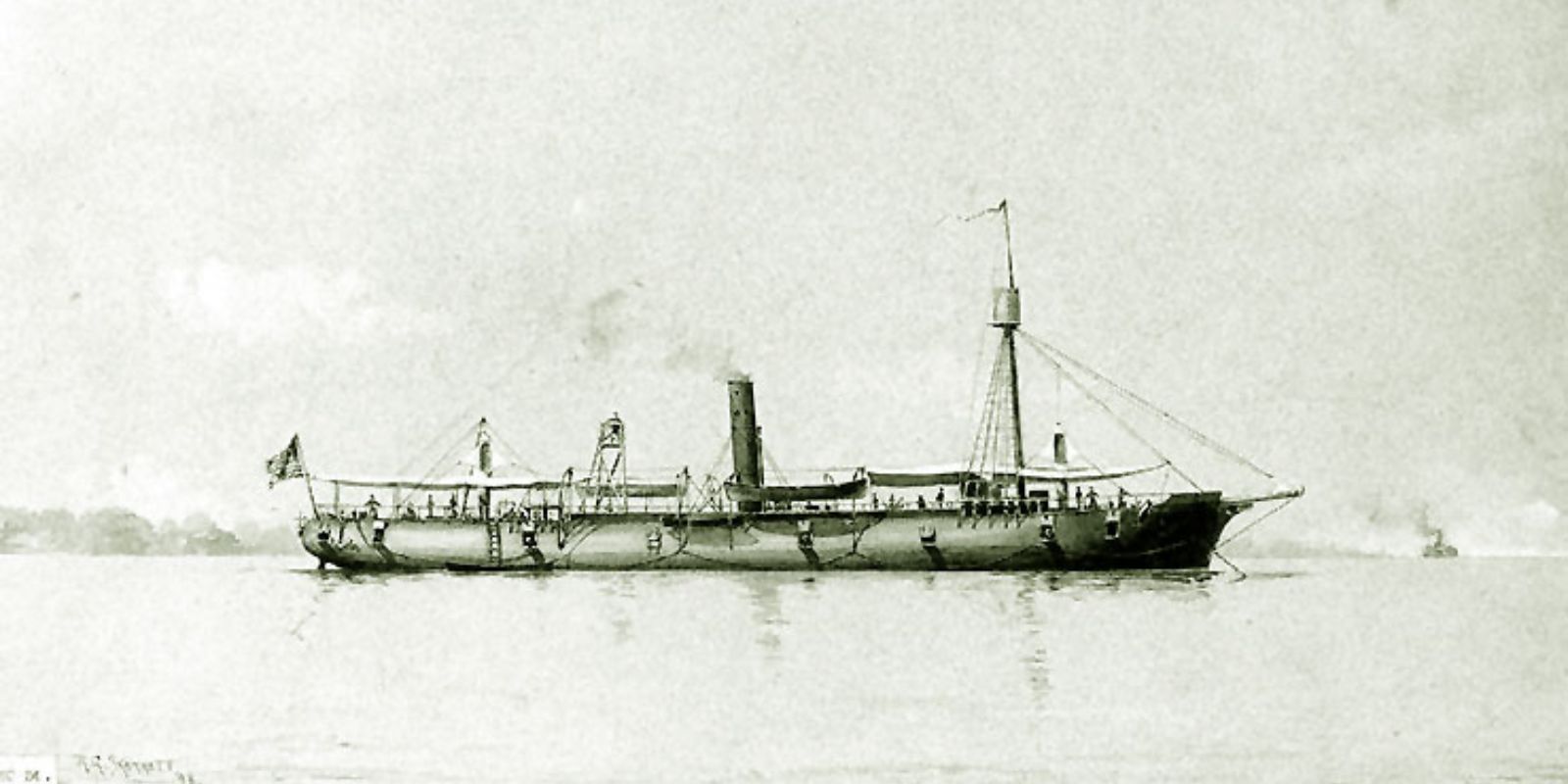 Aquarela do USS Galena em ação durante a Guerra Civil Americana. A ilustração mostra o design de "broadside ironclad" do navio, com blindagem nas laterais e canhões posicionados para fogo lateral. Construído em Mystic, Connecticut, o Galena foi um dos três primeiros encouraçados da Marinha dos Estados Unidos. Com 950 toneladas, 210 pés de comprimento e armamento de quatro canhões Dahlgren de 9 polegadas, representava tecnologia naval de ponta em 1862. Fonte: Civil War Signals / U.S. Naval Historical Center