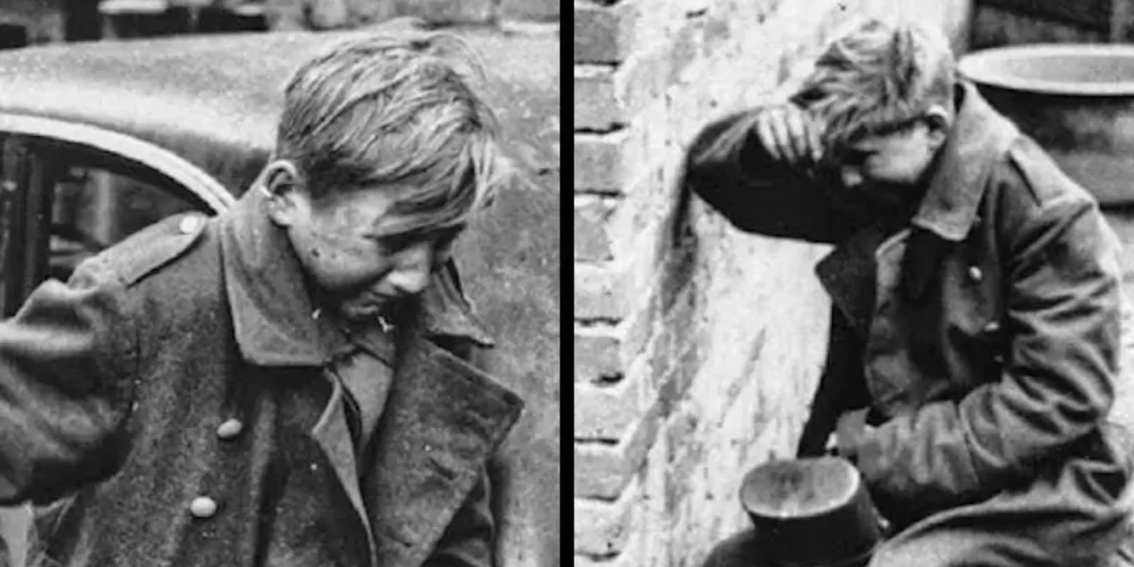 Hans-Georg Henke chorando após sua captura, ilustrando a dura realidade dos combates em que crianças e adolescentes foram forçados a participar nos estágios finais da Segunda Guerra Mundial. Ele foi um dos muitos jovens recrutados para a defesa de seu país, muitas vezes com treinamento inadequado e equipamentos precários, enfrentando forças inimigas superiores.
