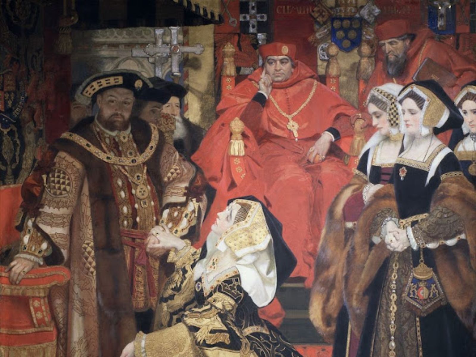 Em 11 de julho de 1533, Henrique VIII, rei da Inglaterra, foi excomungado pelo papa Clemente VII após várias tentativas fracassadas de anular seu casamento com Catarina de Aragão. A ilustração “Henry VIII and Catherine of Aragon Before Papal Legates at Blackfriars, 1529” captura o drama e a tensão deste episódio histórico. Em 11 de julho de 1533, Henrique VIII, rei da Inglaterra, foi excomungado pelo papa Clemente VII após várias tentativas fracassadas de anular seu casamento com Catarina de Aragão. A ilustração "Henry VIII and Catherine of Aragon Before Papal Legates at Blackfriars, 1529" captura o drama e a tensão deste episódio histórico.