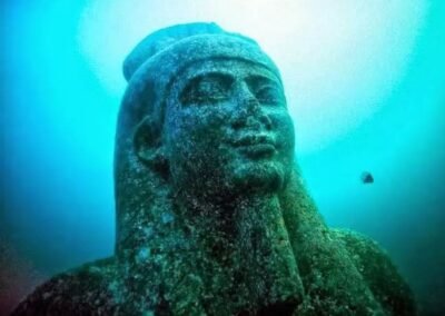 Heracleion-Thonis, uma cidade perdida submersa na costa do Egito, foi descoberta em 2000 pelo arqueólogo Franck Goddio.