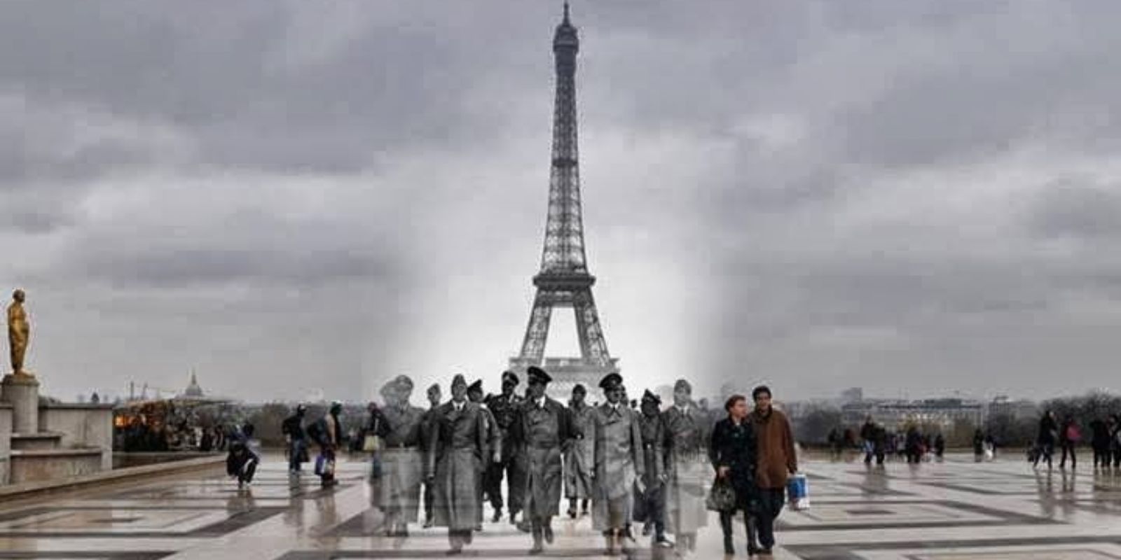 Montagem fotográfica mostra Adolf Hitler e sua comitiva em sua breve visita a Paris em junho de 1940, com a Torre Eiffel ao fundo, sobreposto a uma imagem atual do local com turistas. Autor: Sergey Larenkov.