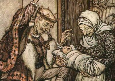 Uma ilustração clássica de Arthur Rackham, um dos mais importantes ilustradores da Era de Ouro da ilustração britânica. Seu estilo, que mescla o fantástico com o grotesco, captura perfeitamente a atmosfera sombria e mágica das versões mais antigas dos contos de fadas, antes de sua total domesticação para o público infantil. Fonte: The Marginalian.
