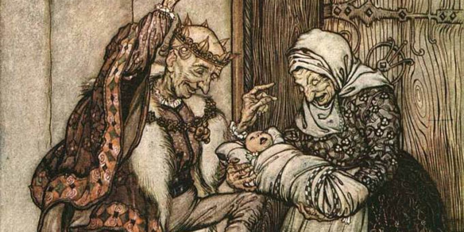 Uma ilustração clássica de Arthur Rackham, um dos mais importantes ilustradores da Era de Ouro da ilustração britânica. Seu estilo, que mescla o fantástico com o grotesco, captura perfeitamente a atmosfera sombria e mágica das versões mais antigas dos contos de fadas, antes de sua total domesticação para o público infantil. Fonte: The Marginalian.
