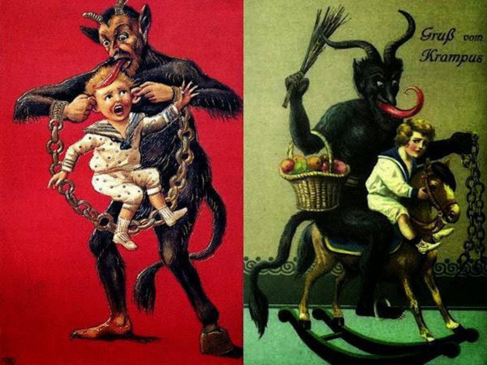 Krampus é uma figura mitológica do folclore alpino, frequentemente descrita como uma criatura demoníaca que acompanha São Nicolau durante a época do Natal. Krampus é uma figura mitológica do folclore alpino, frequentemente descrita como uma criatura demoníaca que acompanha São Nicolau durante a época do Natal.