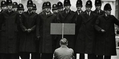 A foto tirada por Don McCullin em 1962 é um exemplo marcante de fotojornalismo. A imagem mostra o manifestante solitário, segurando um cartaz a favor da paz, enfrentando uma linha de policiais armados.