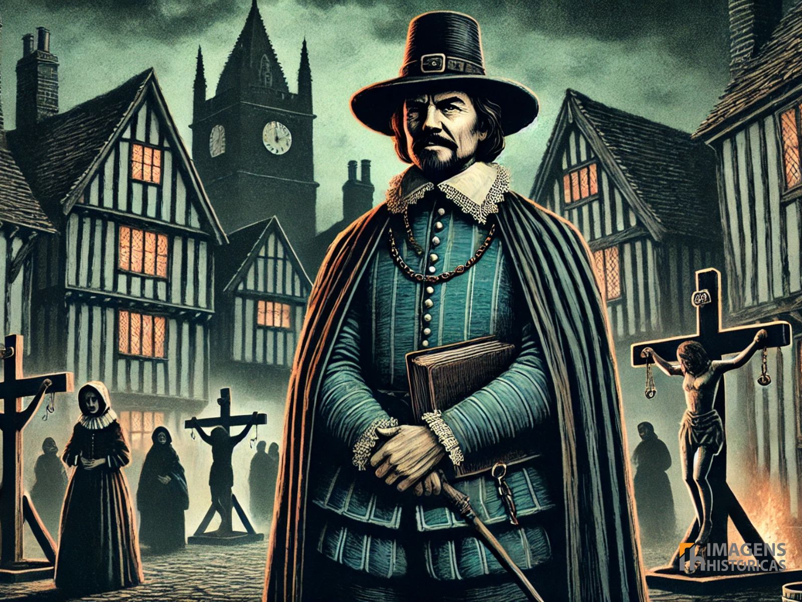 Matthew Hopkins, conhecido como o “caçador de bruxas”, ganhou notoriedade entre 1644 e 1646, durante o período turbulento da Guerra Civil Inglesa. Matthew Hopkins, conhecido como o "caçador de bruxas", ganhou notoriedade entre 1644 e 1646, durante o período turbulento da Guerra Civil Inglesa.