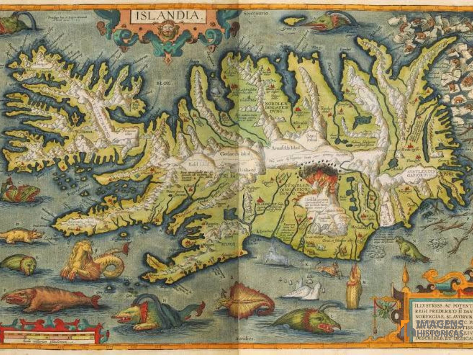 Monstros Marinhos: Cartografia Mostrando a Islândia e Alguns Monstros Marinhos Medievais.