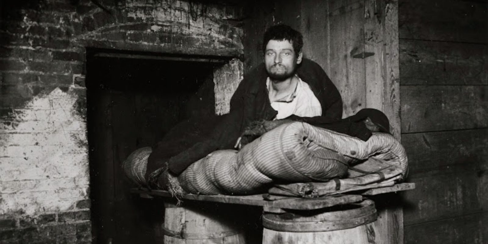 A moradia de um feirante, um beco onde ele montava sua cama sobre dois barris, documentada por Jacob Riis. Esta imagem revela a extrema pobreza e a engenhosidade na busca por abrigo em Nova York no final do século XIX. Fonte: Jacob A. Riis / Preus Museum.