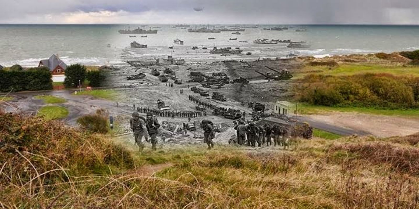 Soldados americanos avançam por um campo na Normandia em 1944, sobrepostos a uma imagem pacífica do mesmo local em 2004, agora coberto de vegetação e sem sinais de guerra.