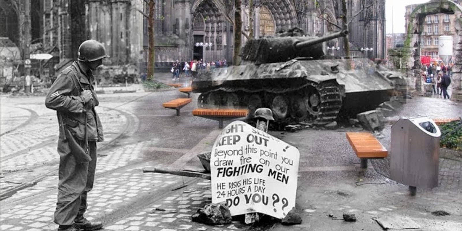 Um tanque Panther alemão destruído jaz em frente à Catedral de Colônia em março de 1945, com uma placa de aviso colocada pelos Aliados, sobreposto a uma imagem atual da praça movimentada.