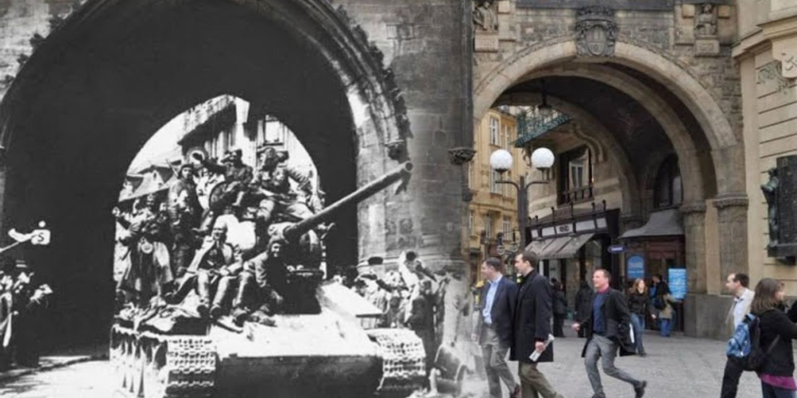Soldados alemães e veículos militares em uma praça de Praga durante a ocupação, sobrepostos a uma imagem atual da mesma praça cheia de turistas e vida urbana.