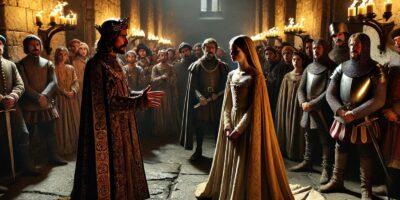 A imagem do artigo representa a "prima nocta" durante a Idade Média, de acordo com os escritos históricos. Em um salão de castelo de pedra pouco iluminado, um senhor feudal reivindica o direito de passar a primeira noite com uma noiva recém-casada, que aparenta estar angustiada. A cena inclui guardas em armaduras da época, o noivo aflito e alguns nobres observando.