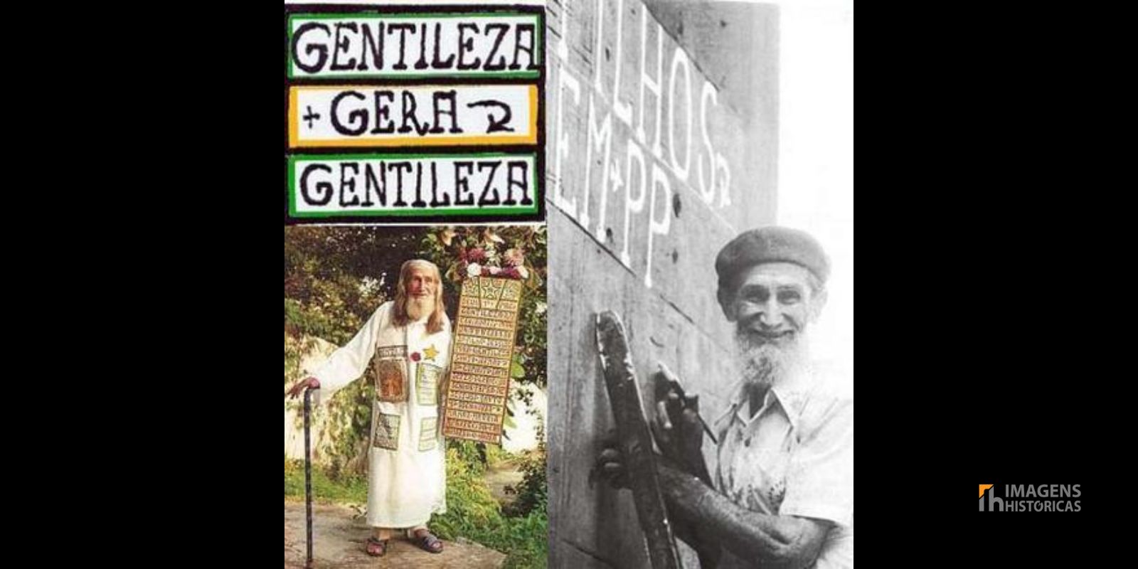 O Profeta Gentileza em suas andanças pelas ruas do Rio de Janeiro, carregando seu característico estandarte colorido com mensagens de amor e bondade. Sua túnica branca e barba longa se tornaram símbolos de sua missão de espalhar gentileza pela cidade. À direita, retrato em preto e branco do Profeta Gentileza, mostrando sua expressão serena e determinada. José Datrino dedicou décadas de sua vida pregando contra o materialismo e a favor de um mundo mais gentil e natural.