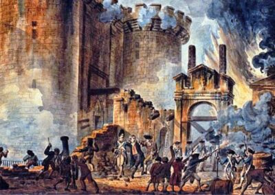 “A Queda da Bastilha”, visível no centro é a prisão de Bernard René Jourdan (De Launay), Água 37,8 x 50,5 cm”. Jean-Pierre Houël. Bibliothèque Nationale de France, 1789.