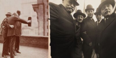 Cinco fotógrafos posam juntos para uma fotografia estilo "selfie" (autorretrato) no telhado do Marceau's Studio, em Nova York, no ano de 1920.