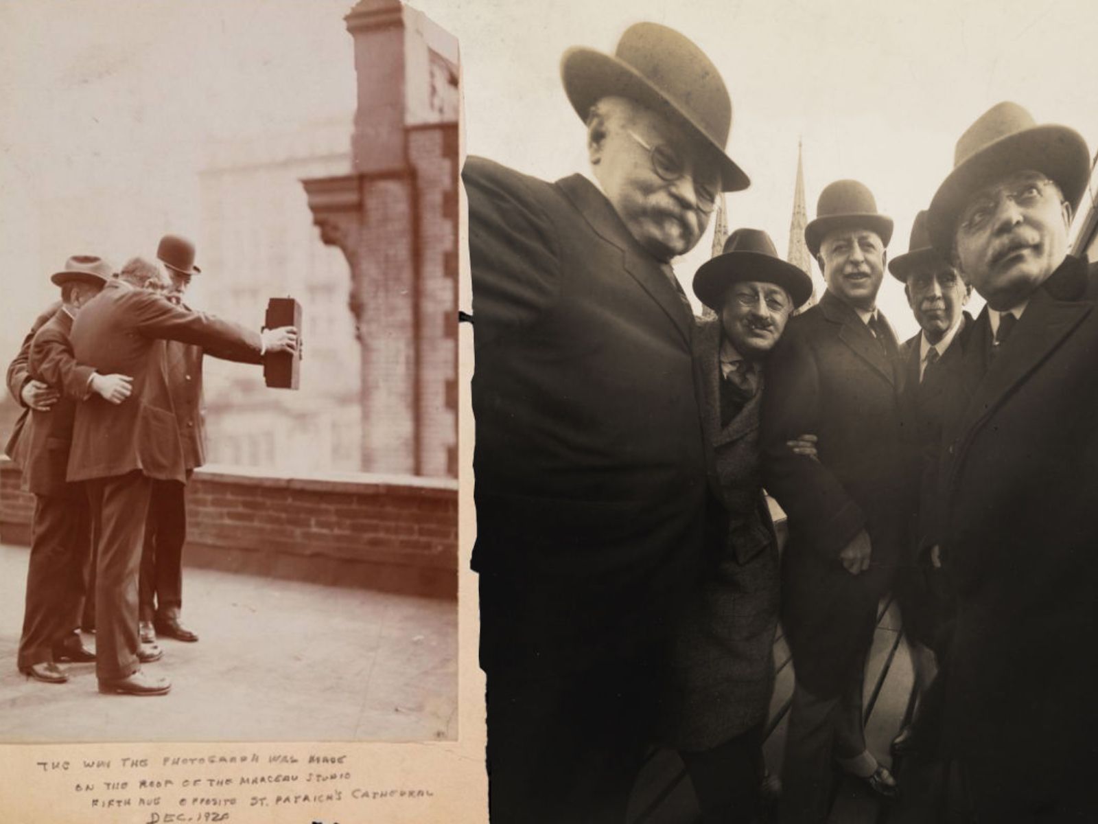 Cinco fotógrafos posam juntos para uma fotografia estilo “selfie” (autorretrato) no telhado do Marceau’s Studio, em Nova York, no ano de 1920. Cinco fotógrafos posam juntos para uma fotografia estilo "selfie" (autorretrato) no telhado do Marceau's Studio, em Nova York, no ano de 1920.