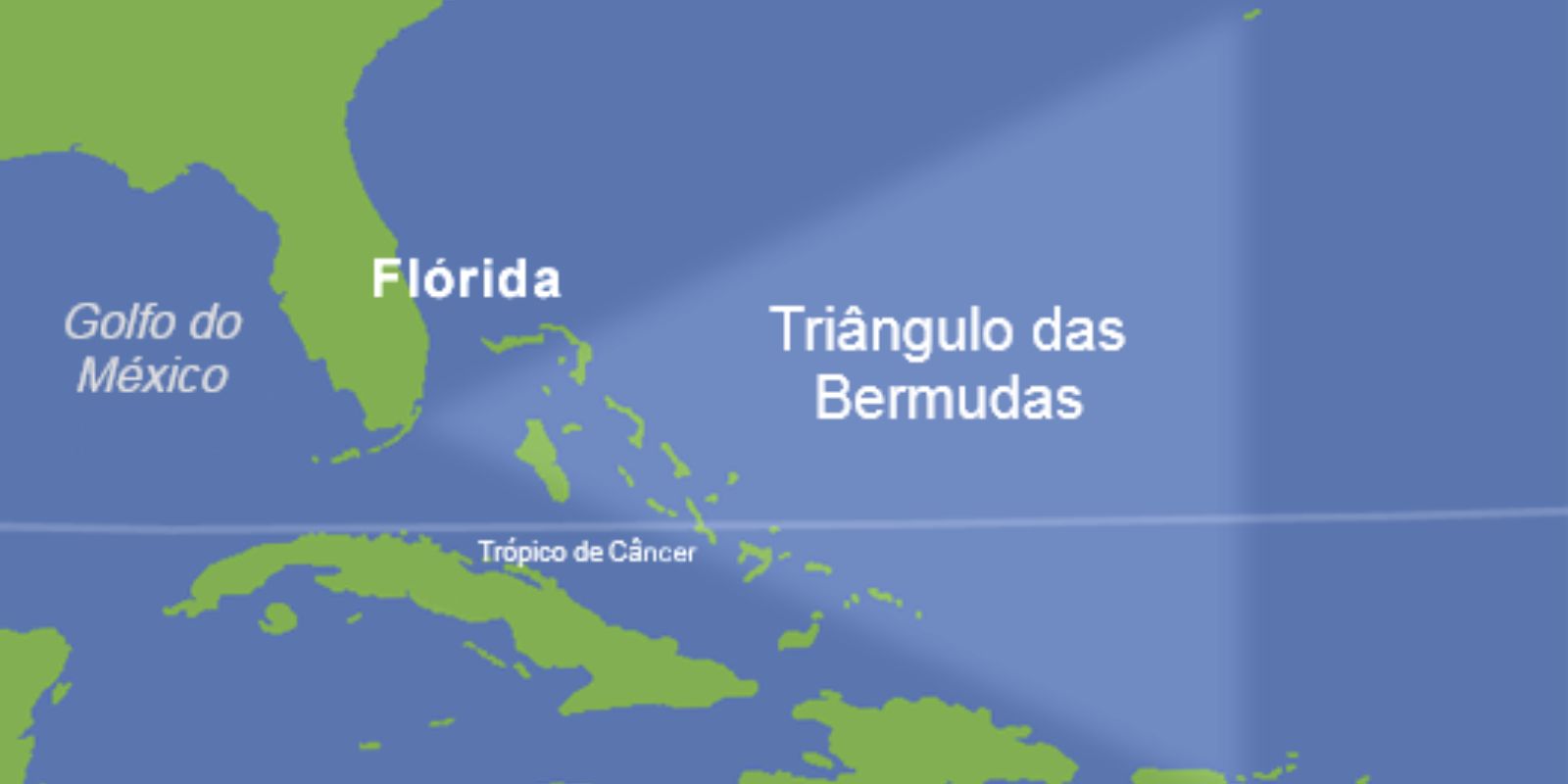 Um mapa ilustrando a área conhecida como o Triângulo das Bermudas, uma região do Oceano Atlântico onde inúmeros navios e aviões desapareceram em circunstâncias misteriosas. O desaparecimento da Esquadrilha 19 é o caso mais famoso associado a esta área enigmática, alimentando teorias e especulações até hoje. Fonte: Wikimedia Commons.